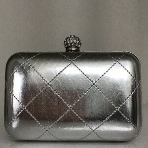 Silver mini clutch handbag with silver hardware + chain